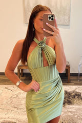 Short Sage Green Homecoming Dress in Mermaid Silhouette with Halter Neckline