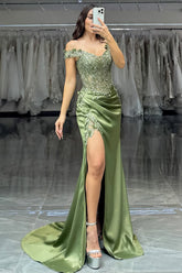 Sage Green Off-Shoulder Embellished Corset Prom Dress with High Slit