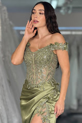 Sage Green Off-Shoulder Embellished Corset Prom Dress with High Slit