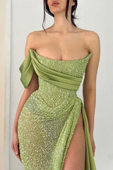 Sage Green Off-the-Shoulder Beaded Prom Dress with High Slit