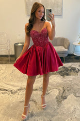Satin Homecoming Dress with Beaded Corset Bodice and Sweetheart Neckline