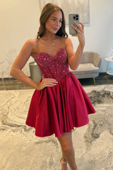 Satin Homecoming Dress with Beaded Corset Bodice and Sweetheart Neckline