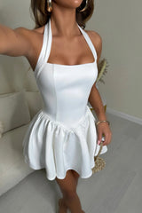 Satin White Halter Corset Mini Dress with Versatile Design Details