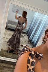 Sexy Leopard Print Beaded Long Prom Dress with Spaghetti Straps and Front Slit