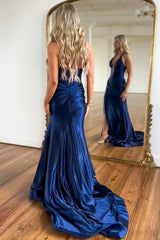 Navy Satin Halter Prom Dress with Fitted Mermaid Shape and Slit Detail