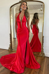 Navy Satin Halter Prom Dress with Fitted Mermaid Shape and Slit Detail