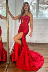 Sexy Red Sweetheart Corset Satin Mermaid Prom Dress with High Slit