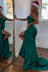 Sexy Red Sweetheart Corset Satin Mermaid Prom Dress with High Slit