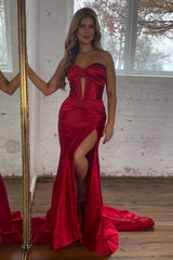 Sexy Red Sweetheart Corset Satin Mermaid Prom Dress with High Slit
