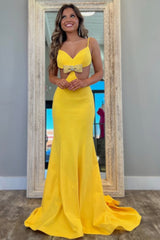 Sexy Yellow Mermaid Prom Dress with Spaghetti Straps Backless Design and Bowknot