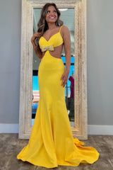 Sexy Yellow Mermaid Prom Dress with Spaghetti Straps Backless Design and Bowknot