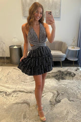 Sexy Deep V-Neck A-Line Cross Back Short Beaded Tiered Homecoming Dress