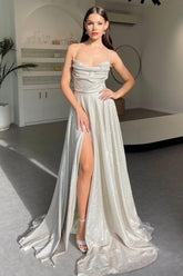 Shimmering Silver Cowl Neck A-Line Prom Dress with Spaghetti Straps and High Leg Slit