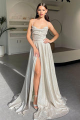 Shimmering Silver Cowl Neck A-Line Prom Dress with Spaghetti Straps and High Leg Slit