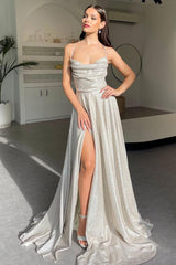 Shimmering Silver Cowl Neck A-Line Prom Dress with Spaghetti Straps and High Leg Slit