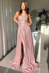 Shimmering Silver Cowl Neck A-Line Prom Dress with Spaghetti Straps and High Leg Slit