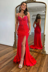 Sparkly Mermaid Spaghetti Straps Red Long Beaded Prom Dress with Beading Slit