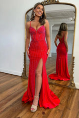 Sparkly Mermaid Spaghetti Straps Red Long Beaded Prom Dress with Beading Slit