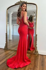 Sparkly Mermaid Spaghetti Straps Red Long Beaded Prom Dress with Beading Slit