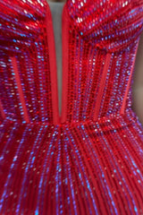 Sparkly Mermaid Spaghetti Straps Red Long Beaded Prom Dress with Beading Slit