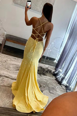Yellow Mermaid Prom Dress with Cutout Waist Lace Up Corset and Beaded Details