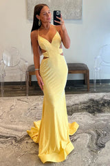 Yellow Mermaid Prom Dress with Cutout Waist Lace Up Corset and Beaded Details