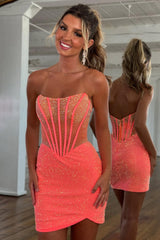 Shiny Coral Strapless Zipper Back Short Tight Beaded Homecoming Dress