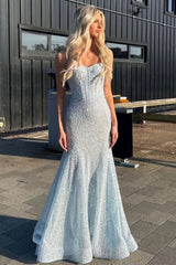 Bling Mermaid Spaghetti Straps Light Blue Sequins Long Prom Dress