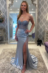 Grey Blue Beaded Mystique Mermaid Dress with High Slit and Train