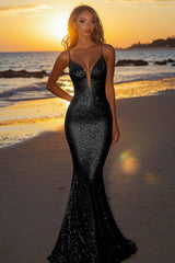 Silver Glitter Mermaid Backless Long Prom Dress with Deep V Neck