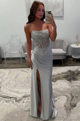 Silver Sequin-Embroidered Prom Dress with Crisscross Back & Slit Skirt