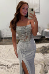 Silver Sequin-Embroidered Prom Dress with Crisscross Back & Slit Skirt