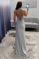 Silver Sequin-Embroidered Prom Dress with Crisscross Back & Slit Skirt