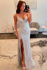 Silver Sequin Spaghetti Strap Mermaid Slit Prom Dress with Crisscross Lace-Up Back
