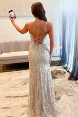 Silver Sequin Spaghetti Strap Mermaid Slit Prom Dress with Crisscross Lace-Up Back