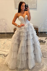 Silver Sparkling A-Line Sweetheart Ruffle Layer Prom Ball Gown