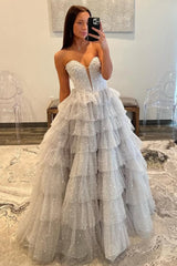 Silver Sparkling A-Line Sweetheart Ruffle Layer Prom Ball Gown