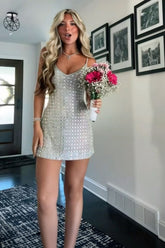 Silver Sparkly Homecoming Dress with Spaghetti Straps and Beaded Bodice