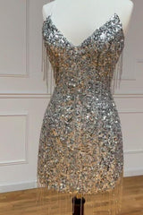Silver V-Neck Glitter Sequin Homecoming Dress with Fringe Details