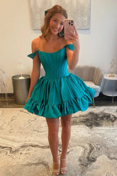 Simple A-Line Off The Shoulder Zipper Back Short Satin Homecoming Dress