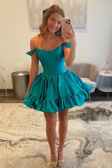 Simple A-Line Off The Shoulder Zipper Back Short Satin Homecoming Dress