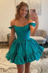 Simple A-Line Off The Shoulder Zipper Back Short Satin Homecoming Dress