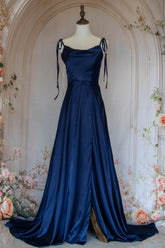 Simple A Line Spaghetti Straps Navy Blue Long Prom Dress with Split Front