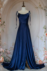 Simple A Line Spaghetti Straps Navy Blue Long Prom Dress with Split Front
