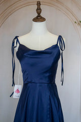 Simple A Line Spaghetti Straps Navy Blue Long Prom Dress with Split Front