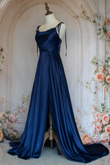 Simple A Line Spaghetti Straps Navy Blue Long Prom Dress with Split Front
