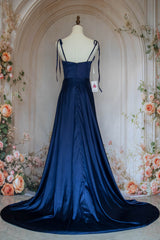 Simple A Line Spaghetti Straps Navy Blue Long Prom Dress with Split Front