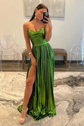 Green Pleated Metallic Prom Dress with Strapless Top A Line Shape and Leg Slit