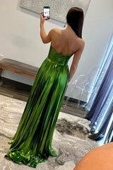 Green Pleated Metallic Prom Dress with Strapless Top A Line Shape and Leg Slit