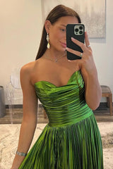 Green Pleated Metallic Prom Dress with Strapless Top A Line Shape and Leg Slit